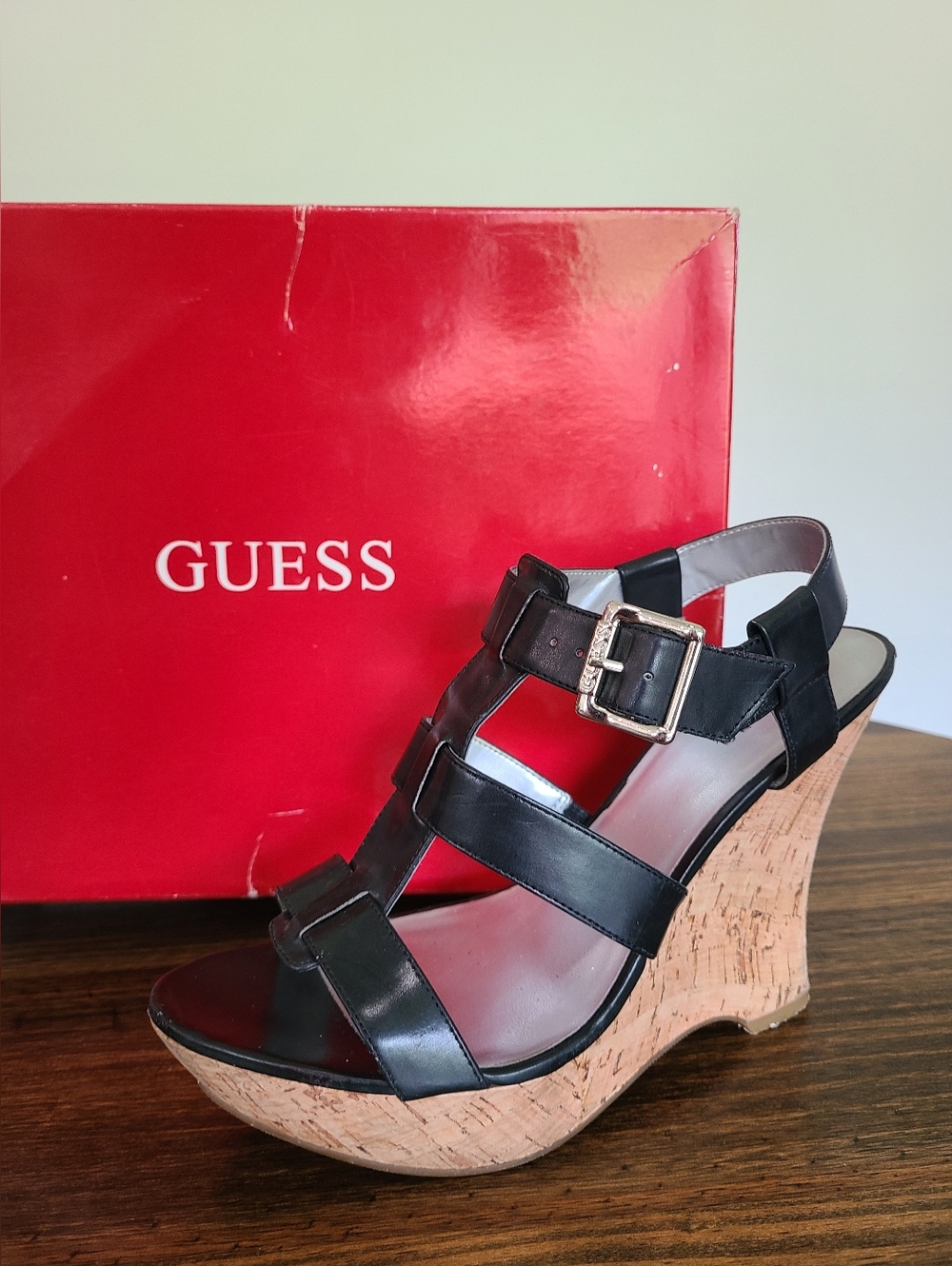 Vintage '99-'00 GUESS Black Leather Cork Wedge Sandals with Buckle
